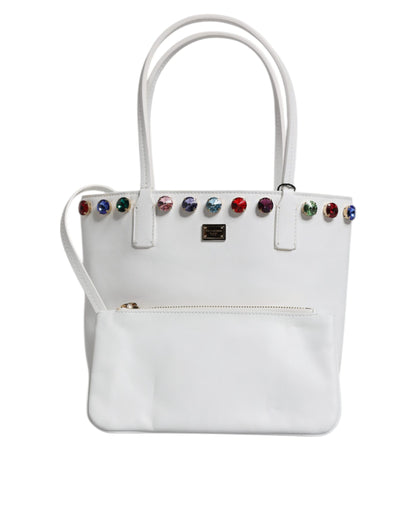 White Leather Crystal DG Logo Shoulder Tote Bag