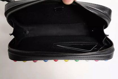 Black Leather LED Logo Wrist Strap Clutch Bag