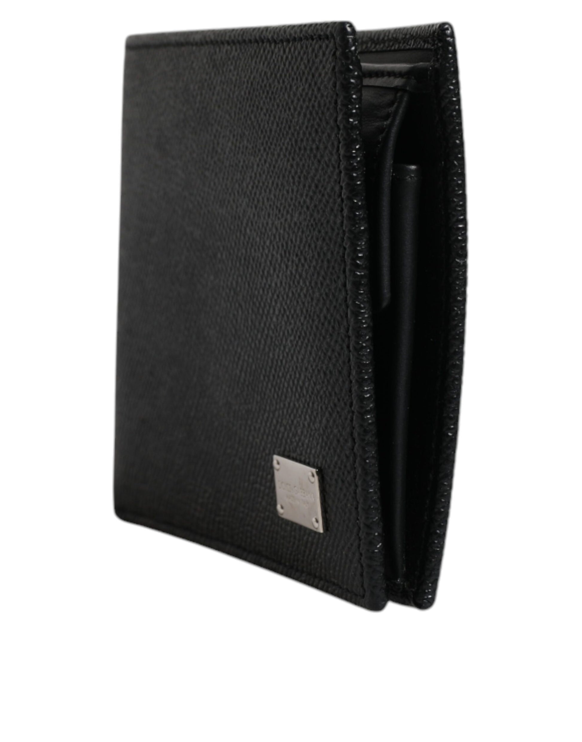 Black Leather Bifold Card Holder Men Logo Plaque Wallet