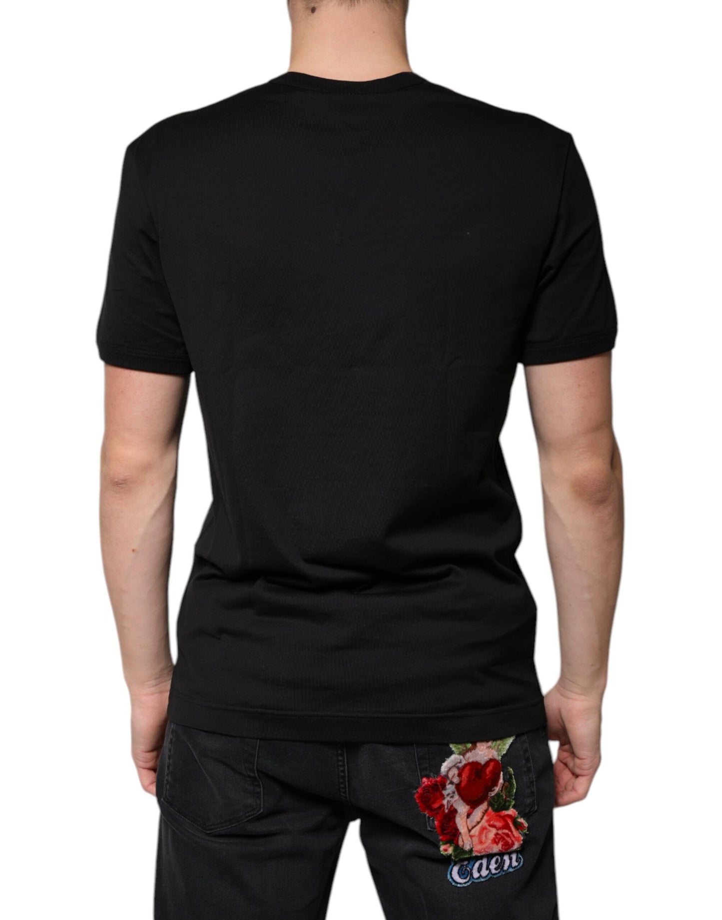 Black Cotton V-neck Short Sleeves T-shirt