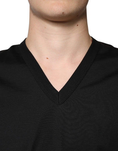 Black Cotton V-neck Short Sleeves T-shirt