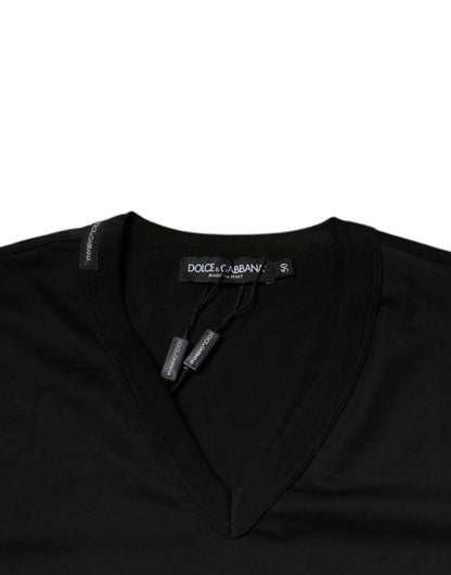 Black Cotton V-neck Short Sleeves T-shirt