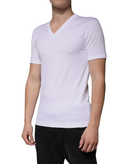 White Cotton V-neck Short Sleeves T-shirt