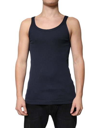 Blue Cotton Sleeveless Round Neck Tank T-shirt