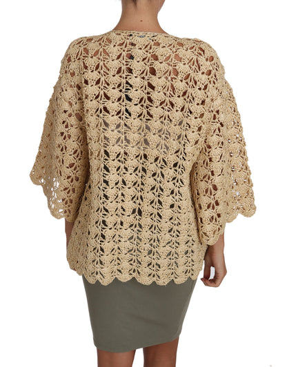 Chic Beige Crochet Raffia Cardigan